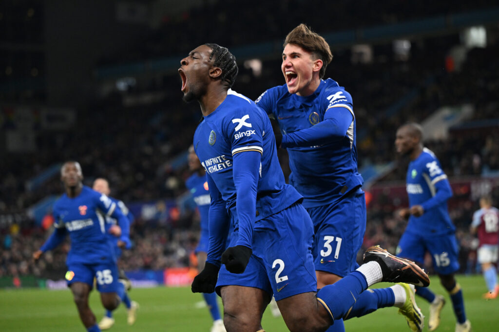 Axel Disasi celebrates Aston Villa v Chelsea FC - Premier League