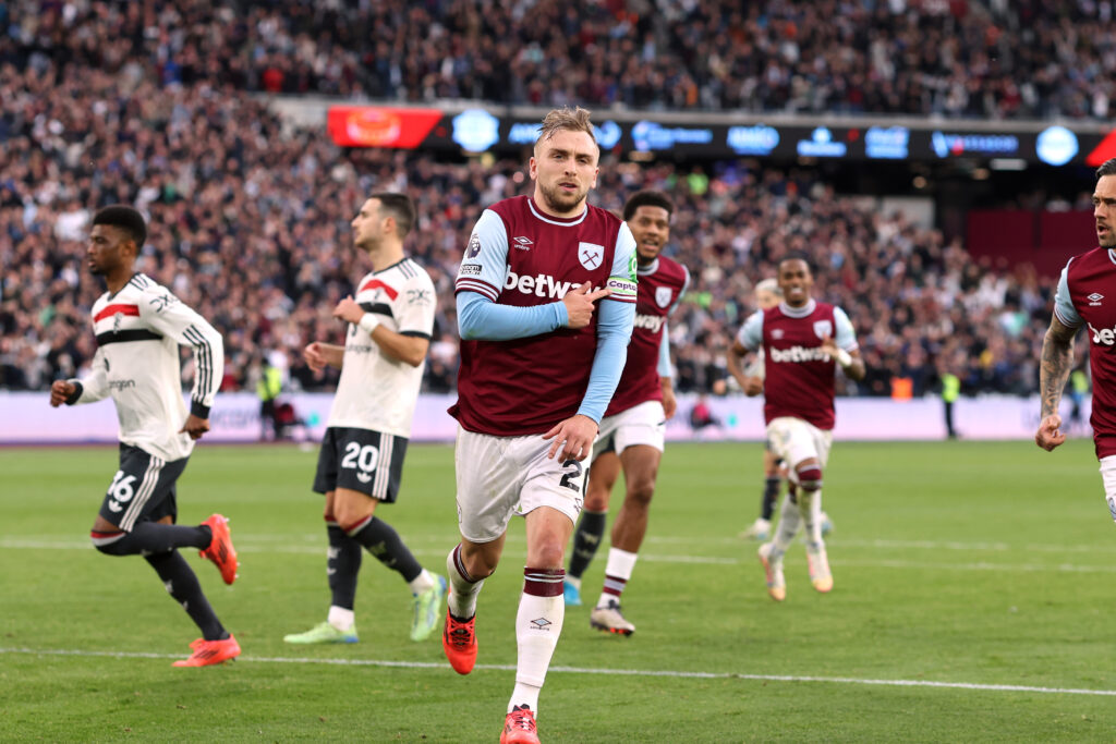 Jarrod Bowen celebrates after scoring for West Ham against Manchester United.
