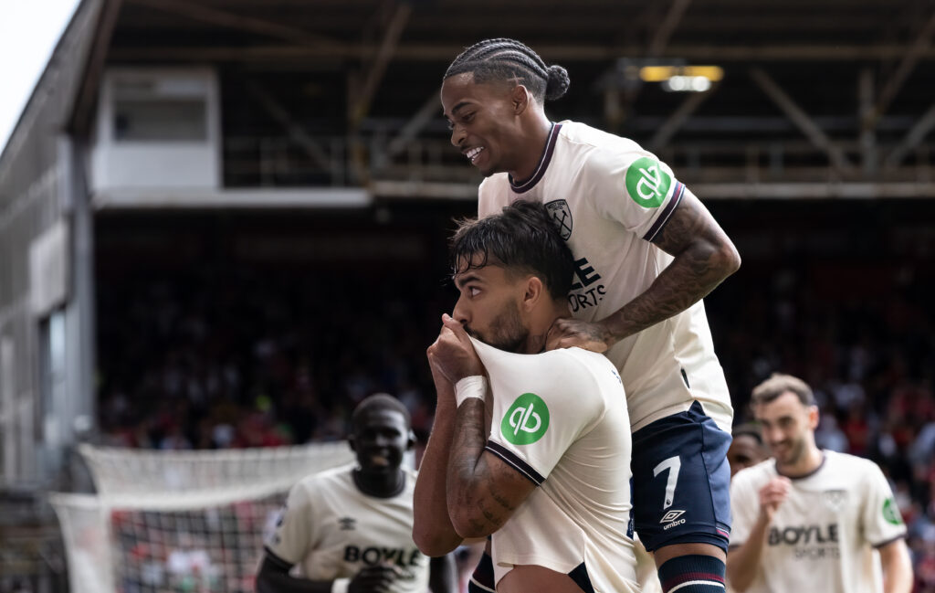Crysencio Summerville celebrates with Lucas Paqueta after the Brazilian scores for West Ham against Nottingham Forest.