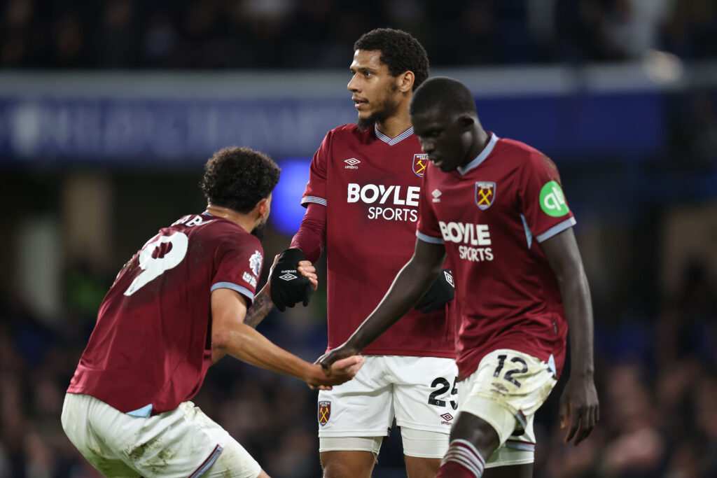 Jean-Clair Todibo, El Hadji Malick Diouf and Pablo during West Ham's defeat to Chelsea