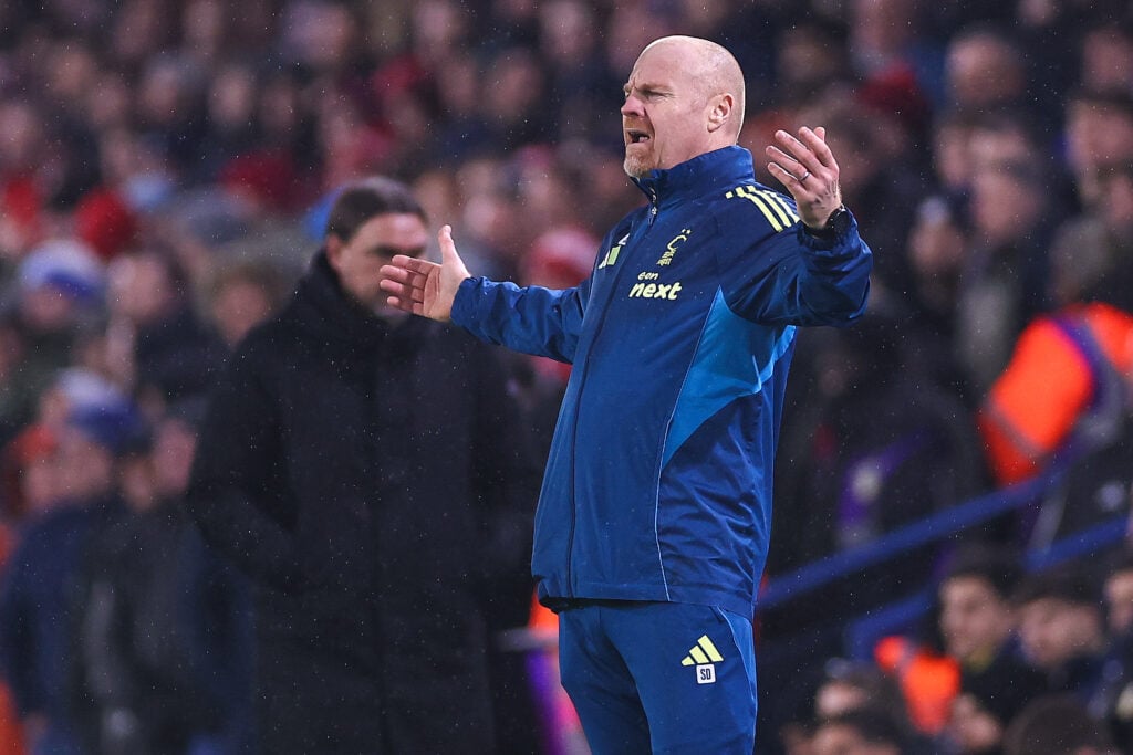 Nottingham Forest boss Sean Dyche shouts on the touchline during the defeat to Leeds