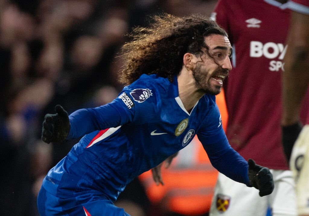 Marc Cucurella celebrates scoring during the Chelsea and West Ham clash