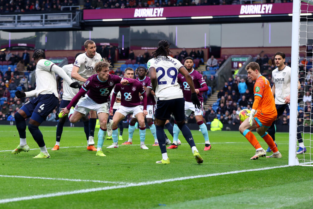 Mads Hermansen makes a save from Zian Flemming during v West Ham United - Premier League