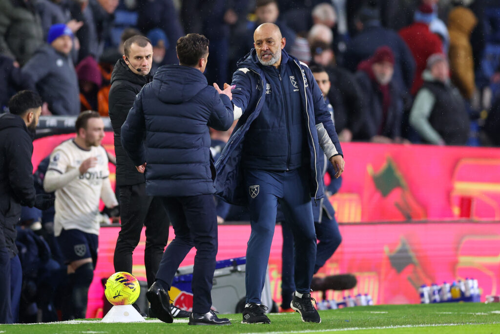 Nuno Espirito Santo shakes hands with Scott Parker after West Ham United beat Burnley.