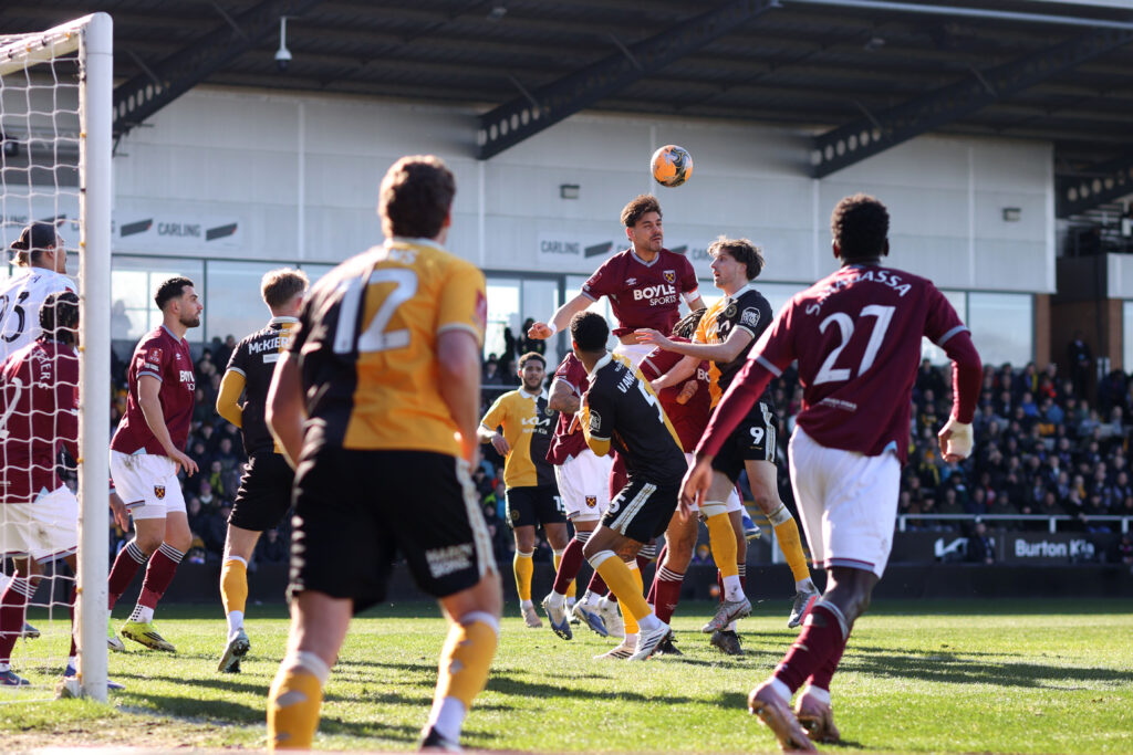 West Ham United captain Konstantinos Mavropanos heads the ball during their FA Cup against Burton.