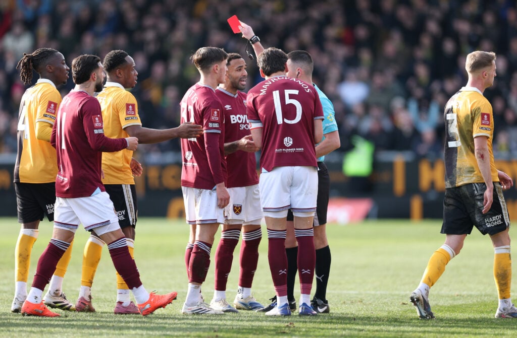 Freddie Potts is shown a red card during West Ham United's FA Cup game against Burton Albion.