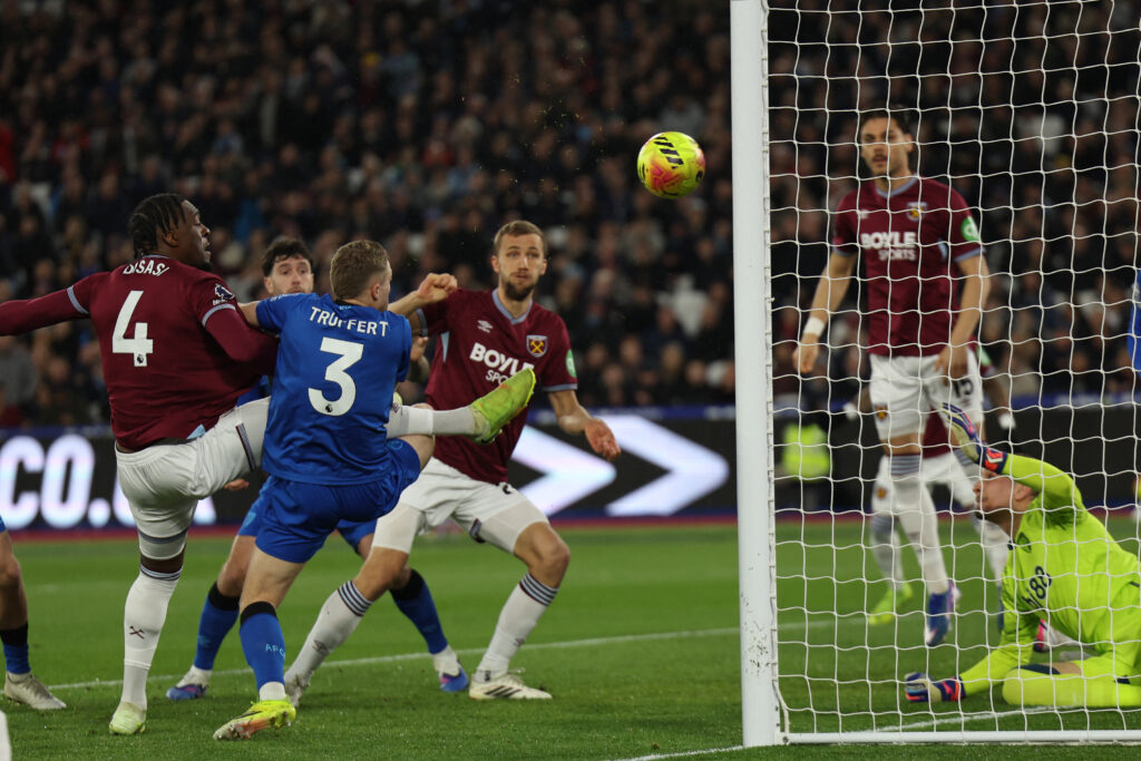 Axel Disasi has his header saved during West Ham vs Bournemouth.
