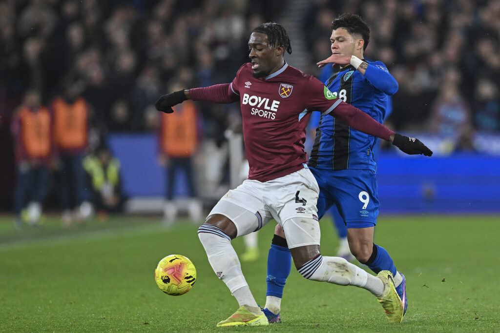 Axel Disasi battles with Evanilson during West Ham United v Bournemouth - Premier League