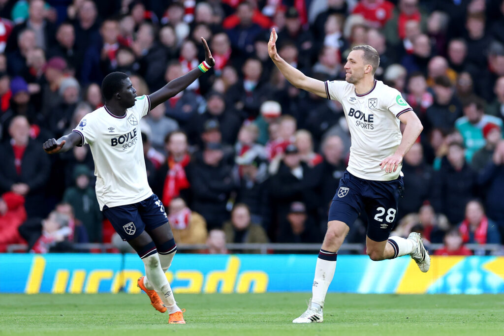 Tomas Soucek celebrates with El Hadji Malick Diouf during Liverpool v West Ham United - Premier League