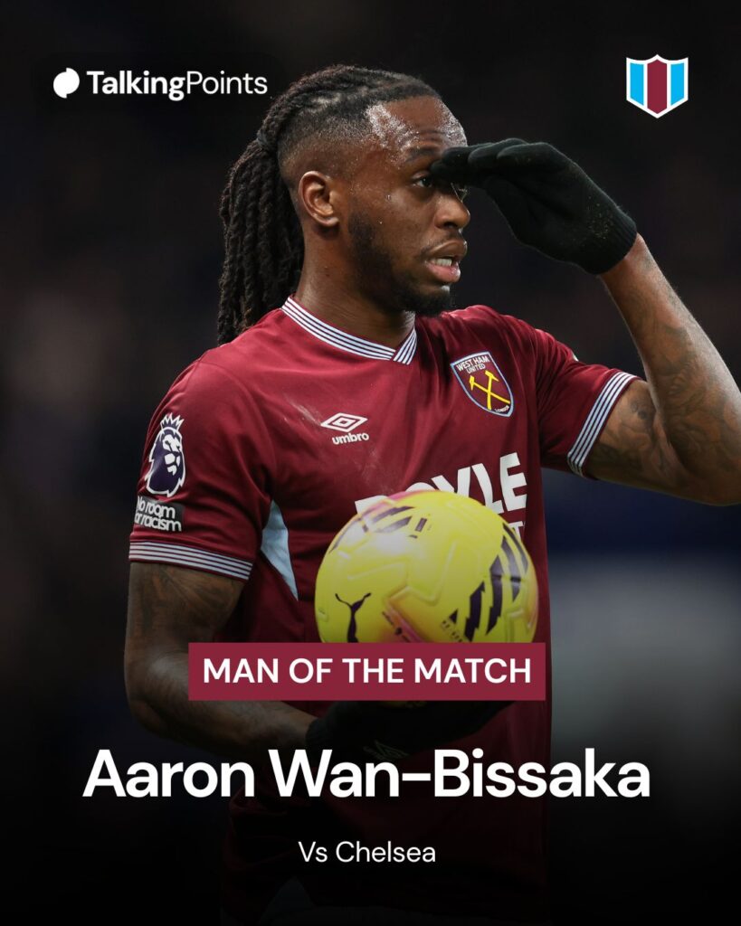 A graphic showing Aaron Wan-Bissaka as the Man of the Match after West Ham's defeat to Chelsea.
