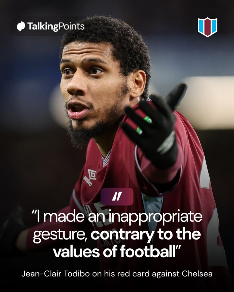 A quote graphic showing Jean-Clair Todibo's quote: “I made an inappropriate gesture, contrary to the values of football”