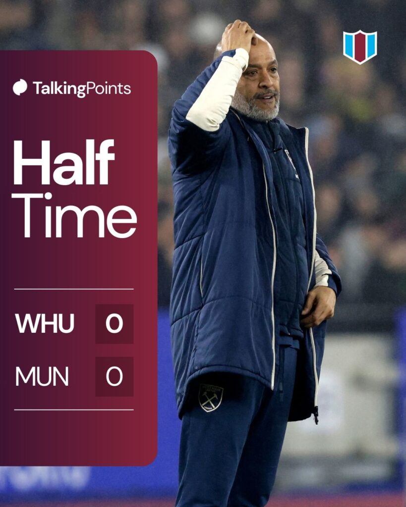 A graphic showing the half-time score between West Ham United and Manchester United (0-0) on 10/02/2026.