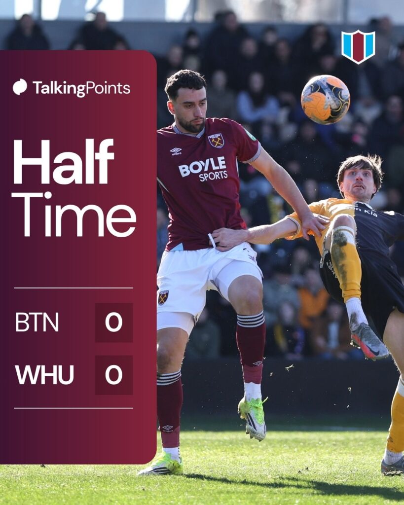 A graphic showing the half-time score between Burton Albion and West Ham United (0-0) in the FA Cup on 14/02/2026.