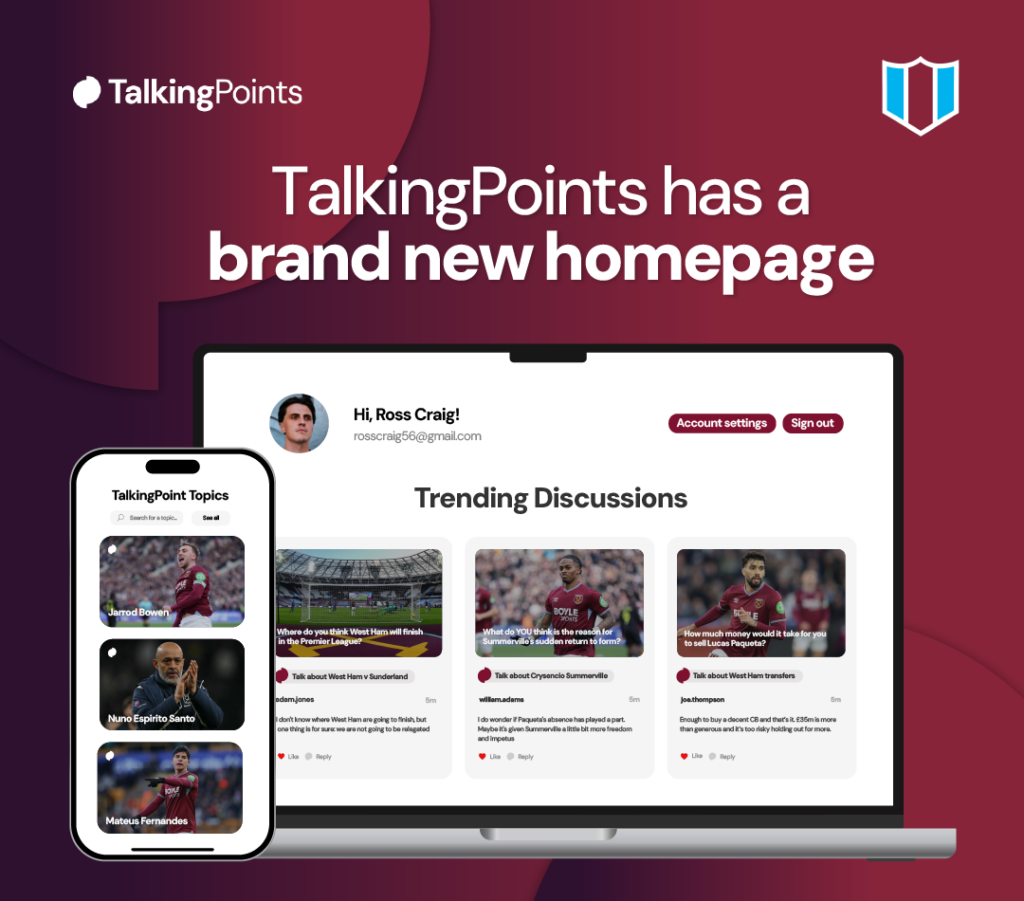 Promotional image for new TalkingPoints homepage on Hammers News.