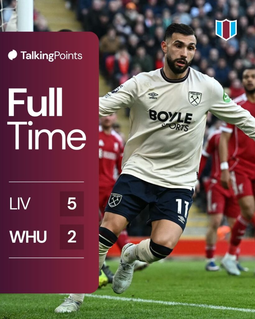 West Ham United's Argentinian striker #11 Taty Castellanos (C) turns to celebrate as he scores their second goal during the English Premier League football match between Liverpool and West Ham United at Anfield in Liverpool, north west England on February 28, 2026.