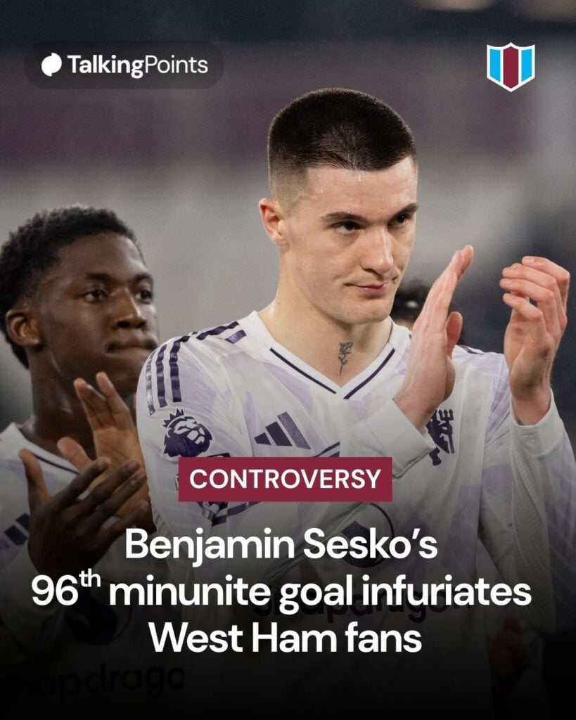 Benjamin Sesko of Manchester United applauds the fans at the end of the Premier League match between West Ham United and Manchester United at London Stadium on February 10, 2026 in London, United Kingdom