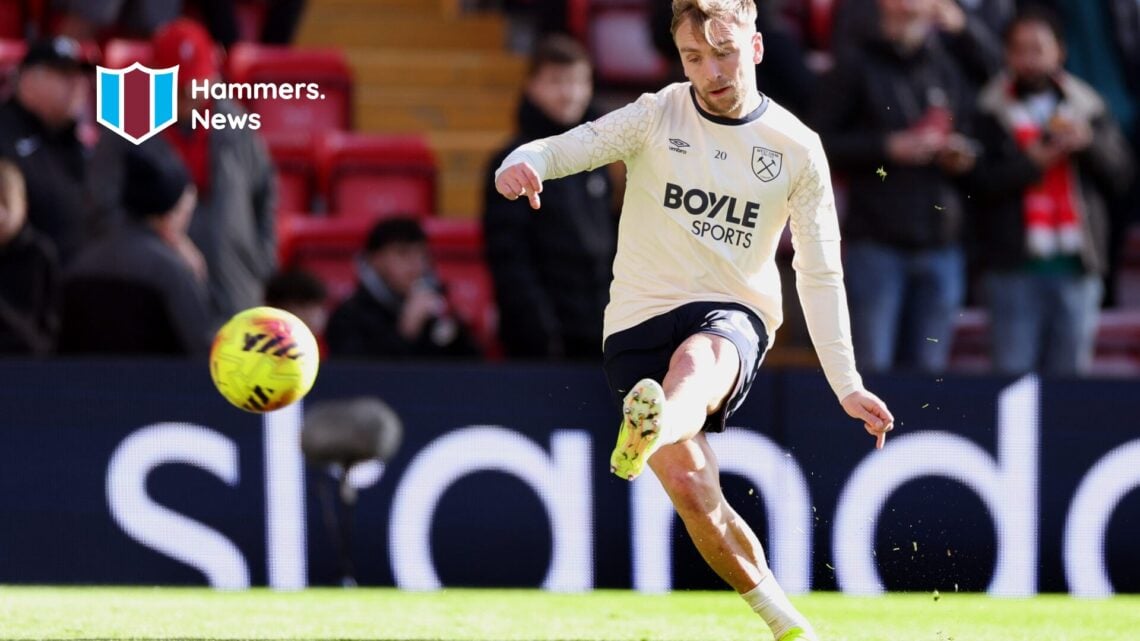 Jarrod Bowen playing for West Ham against Liverpool. A 'Hammer News' logo has been added.