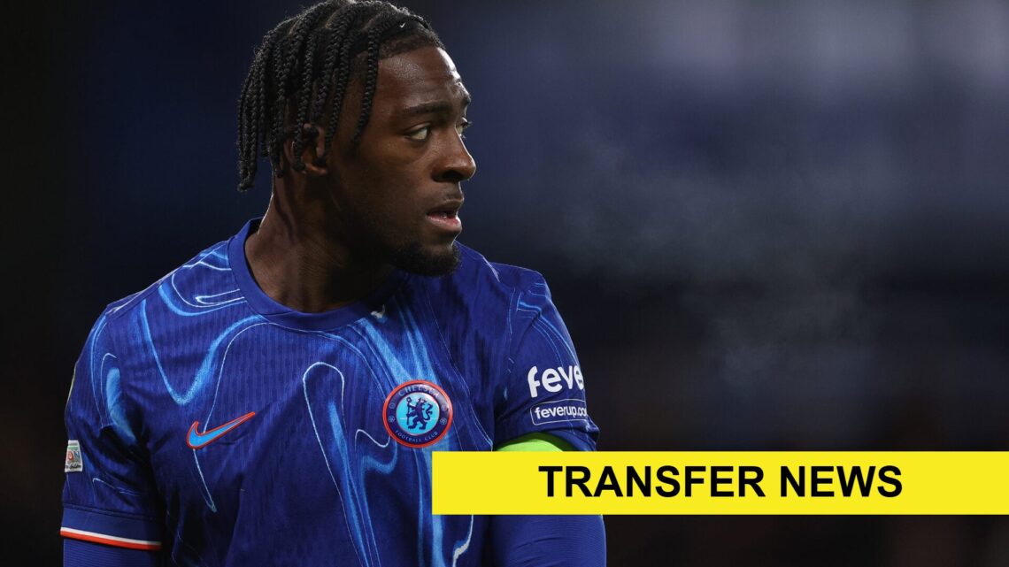 Axel Disasi playing for Chelsea against Shamrock Rovers. A 'transfer news' banner has been added.