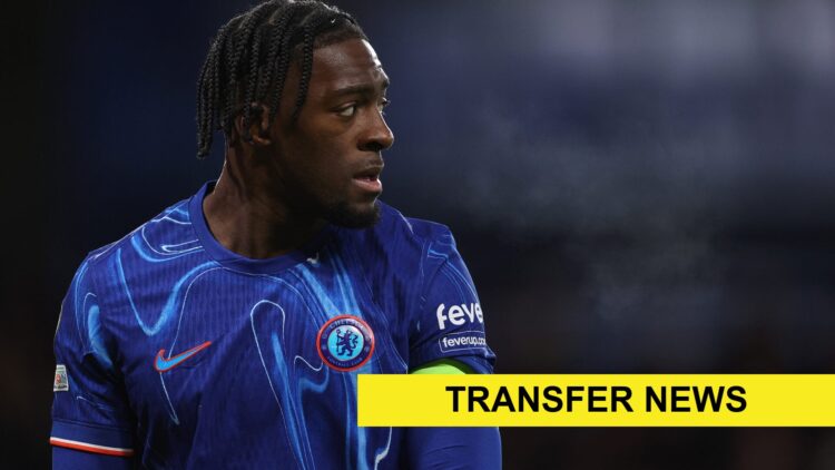 Axel Disasi playing for Chelsea against Shamrock Rovers. A 'transfer news' banner has been added.