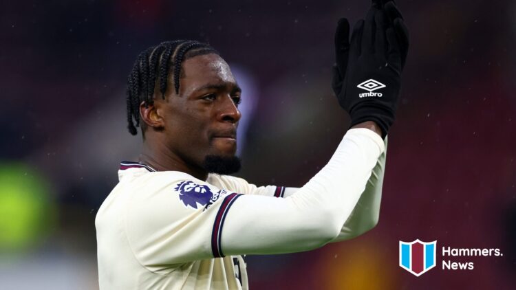 Axel Disasi applauds the West Ham fans after their Premier League match against Burnley. A 'Hammers News' logo has been added.