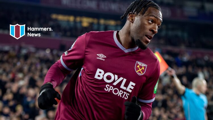 Axel Disasi playing for West Ham against Manchester United. A 'Hammers News' logo has been added.