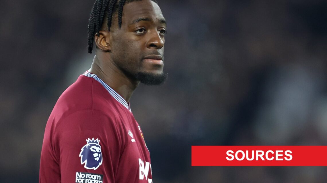 Axel Disasi during West Ham's Premier League game with Manchester United, which ended in a 1-1 draw. A 'sources' logo has been added.