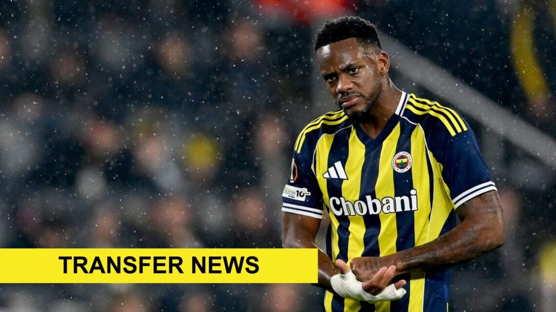 Jhon Duran playing for Fenerbahce against Aston Villa. A 'transfer news' banner has been added.
