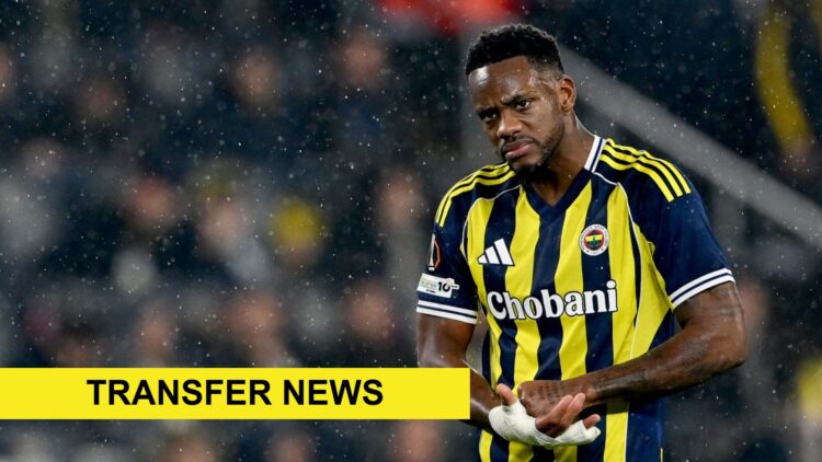Jhon Duran playing for Fenerbahce against Aston Villa. A 'transfer news' banner has been added.