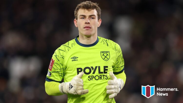 Mads Hermansen playing for West Ham against QPR in the FA Cup. A 'Hammers News' logo has been added.