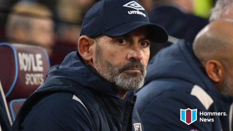 Paco Jemez looks on during West Ham United's Premier League game against Bournemouth. A 'Hammers News' site logo has been added.