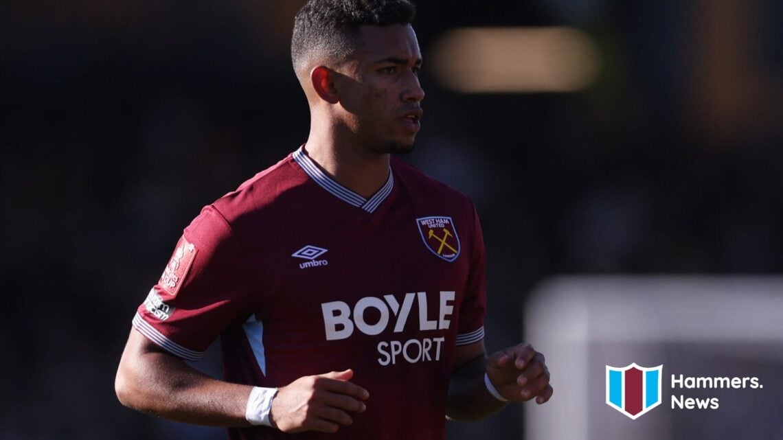 Keiber Lamadrid playing for West Ham United against Burton. A 'Hammers News' logo has been added.