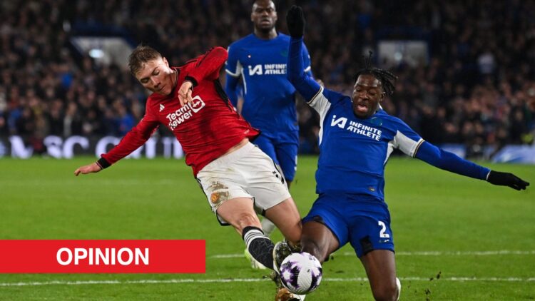 Image showing Manchester United striker Rasmus Hojlund fighting with Chelsea's Axel Disasi