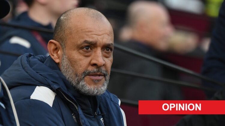 Nuno Espirito Santo during West Ham's Premier League match against Sunderland. An 'opinion' banner has been added.