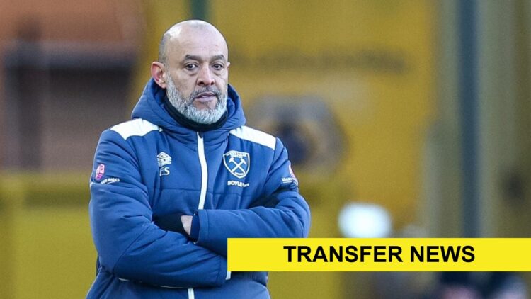 Nuno Espirto Santo during West Ham's Premier League game with Wolves. A 'transfer news' banner has been added.