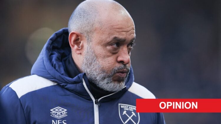Nuno Espirito Santo reacts during West Ham's Premier League game with Wolves. An 'opinion' banner has been added.