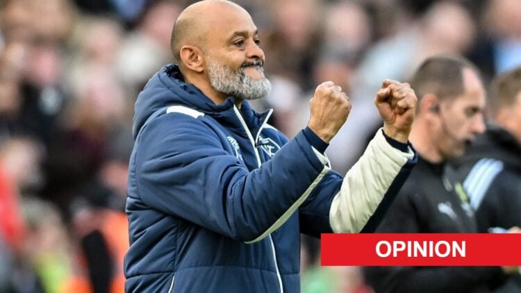 Nuno Espirito Santo celebrates after West Ham score against Newcastle United in the Premier League. An 'opinion' logo has been added.
