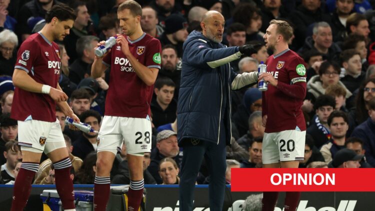 Nuno Espirito Santo talks to Jarrod Bowen during West Ham's game with Chelsea. An 'opinion' banner has been added.
