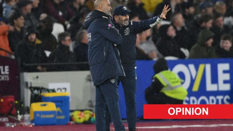 Nuno Espirito Santo talks to Paco Jamez during West Ham vs Bournemouth. An 'opinion' banner has been added.