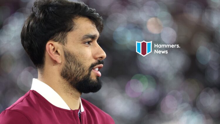 Lucas Paqueta before West Ham play against Brighton in the Premier League. A 'Hammers News' site logo has been added.