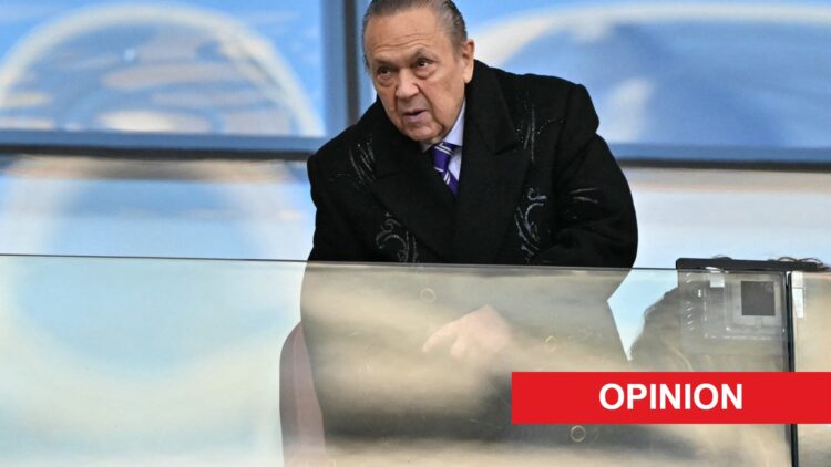 David Sullivan during a West Ham game. An 'opinion' banner has been added.