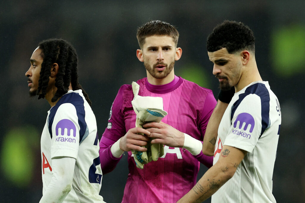 Djed Spence, Guglielmo Vicario and Dominic Solanke after Tottenham Hotspur v Newcastle United - Premier League