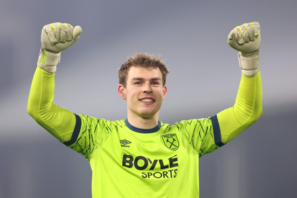 Mads Hermansen celebrates after West Ham United beat Fulham in the Premier League.
