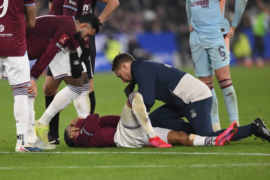 Crysencio Summerville gets treatment on an injury during West Ham vs Brentford in the FA Cup.