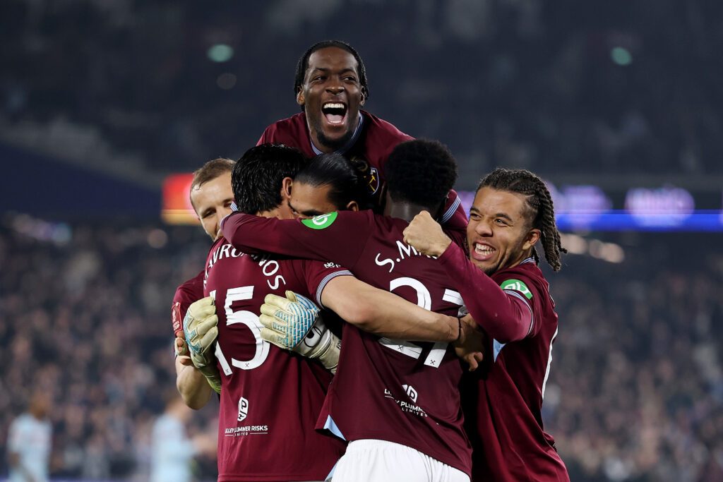 Axel Disasi celebrates Konstantinos Mavropanos' penalty after West Ham United v Brentford - Emirates FA Cup Fifth Round