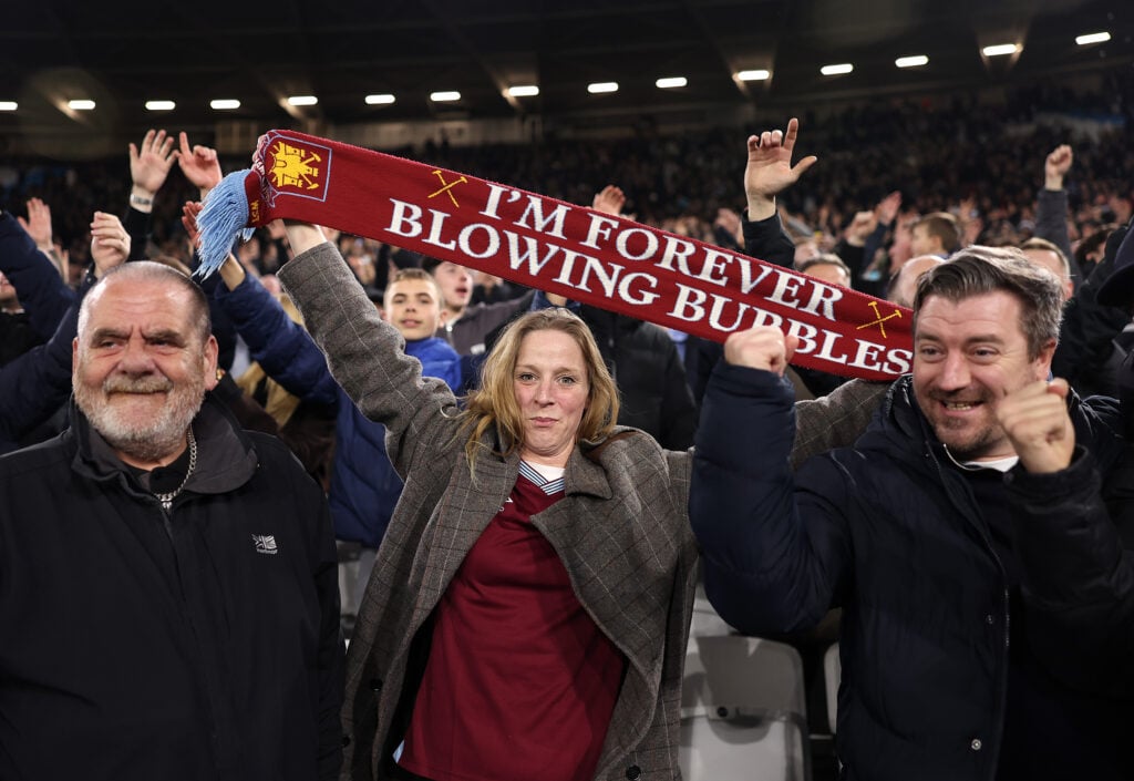 West Ham United fans celebrate during their FA Cup game against Brentford.
