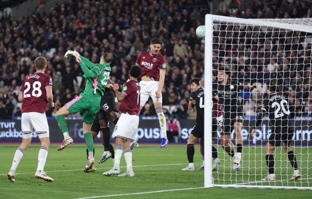 Konstantinos Mavropanos scores during West Ham United v Manchester City - Premier League