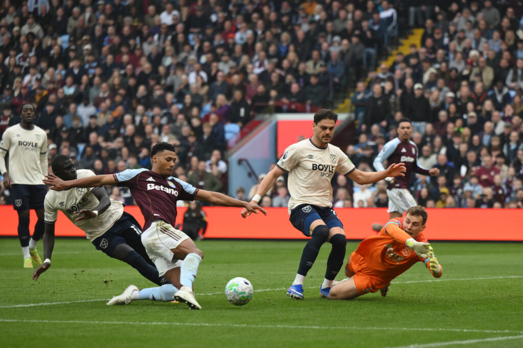 Ollie Watkins scores for Aston Villa against West Ham United.