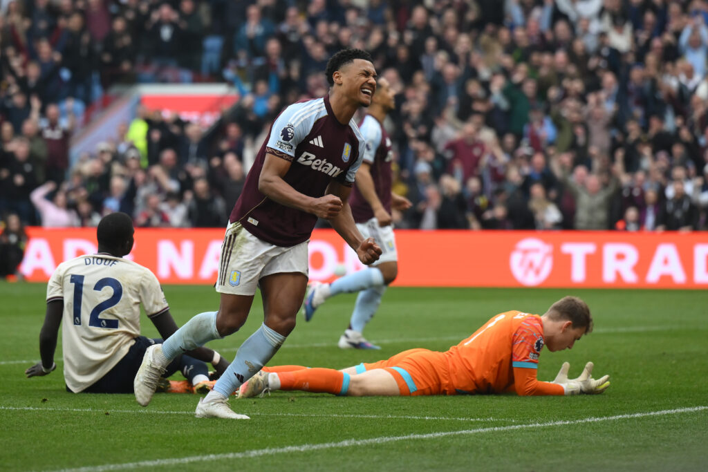 Ollie Watkins celebrates after scoring for Aston Villa against West Ham United.