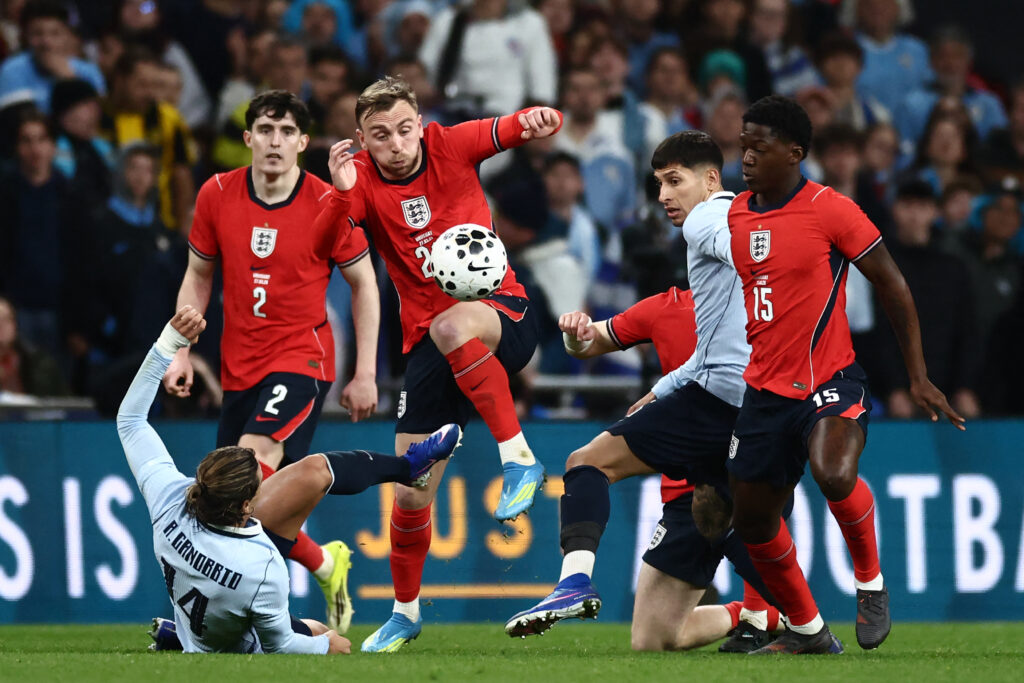 Jarrod Bowen playing for England against Uruguay.