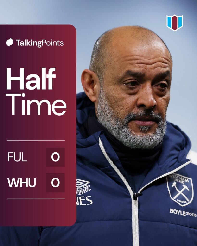 A graphic showing the half-time score between Fulham and West Ham United (0-0) in the Premier League on 04/03/2026.